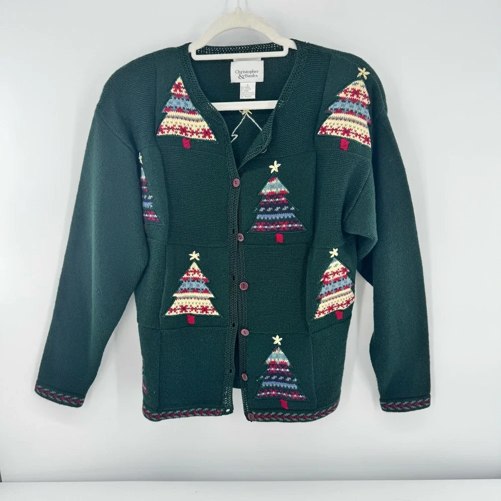 Christopher Banks Cardigan Sweater Green Christmas Embroidered HolidaySz Small‎